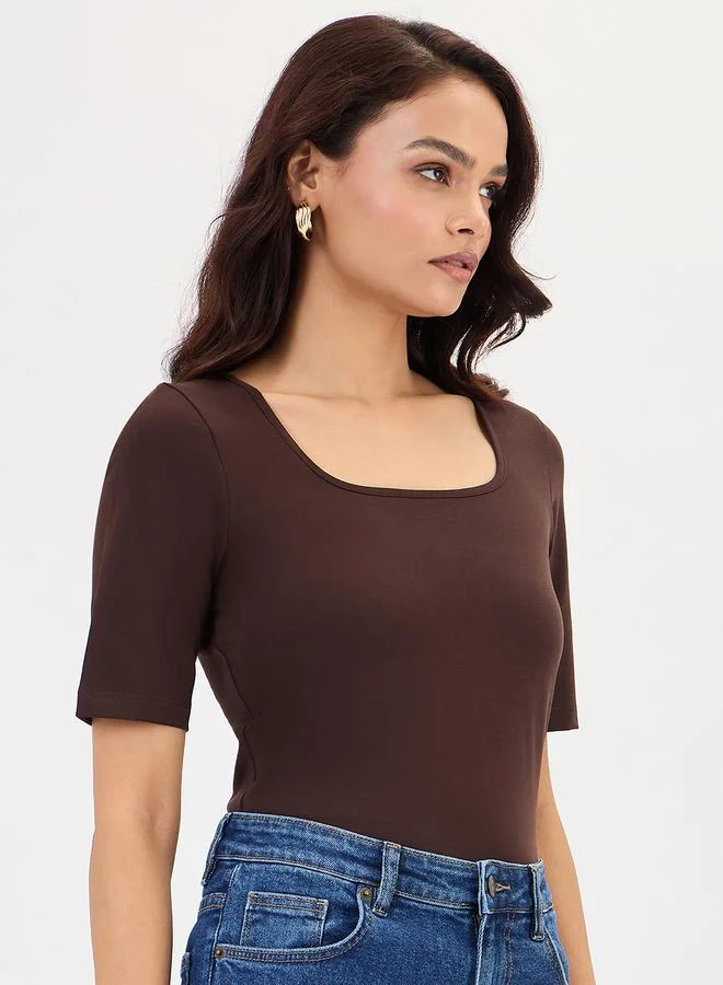 Femmella Brown Square Neck Short Sleeve Bodysuit
